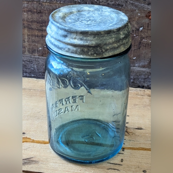 Antique 1913 Ball Perfect Aqua Mason Jar W Metal Lid #10 - Picture 4 of 9